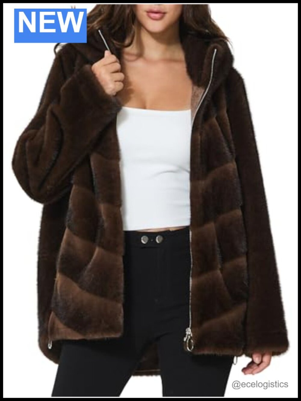 Faux Fur Zip Up Hooded Coat Long Sleeve Warm Winter Jacket with Pockets